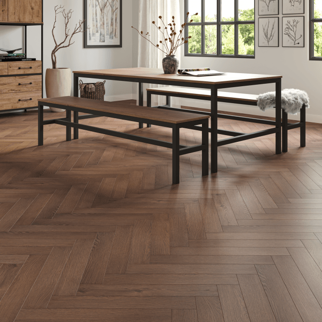 Malmo Oakdale Romsey Herringbone 8mm Laminate Flooring 600mm x 100mm Dark Chocolate